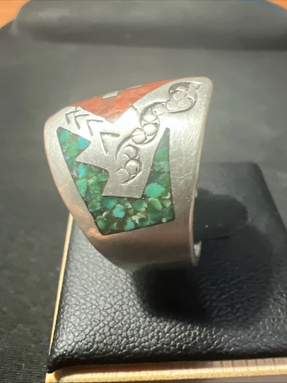 Vintage Navajo .925 Silver Turquoise & Coral Chip Inlay Ring Signed Size 9.75 - Picture 3 of 7